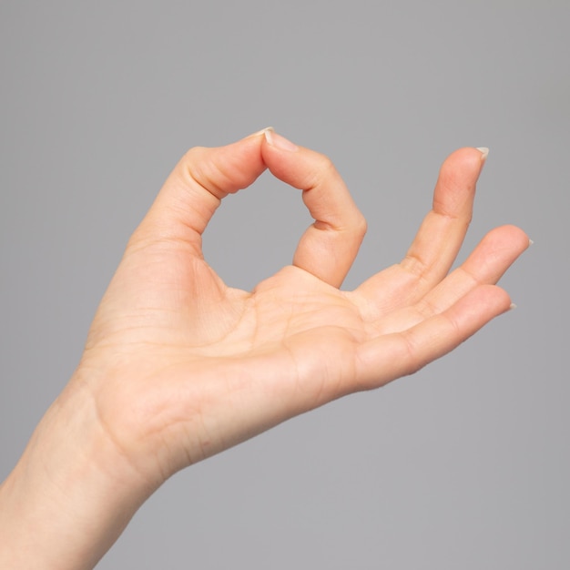 Hand in Meditation Yoga pose isolated on gray background