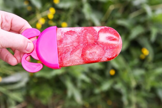 Hand met aardbeienijsje op de achtergrond van de zomeraard in warme zonnige dag Zelfgemaakt vers fruitdessert