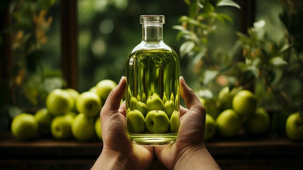 hand met appelazijn in een glazen fles