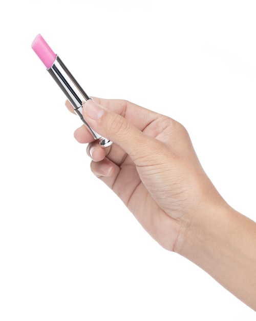 hand met Beauty lip cosmetische producten geïsoleerd op een witte achtergrond.