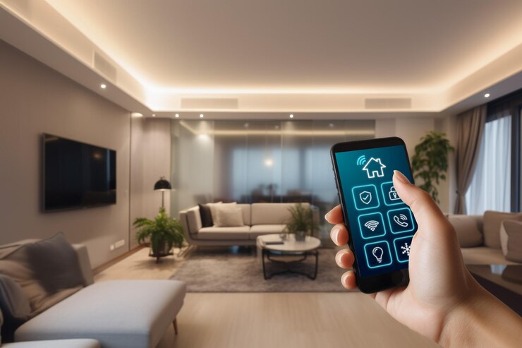Hand met behulp van een Smart Home-app in de moderne woonkamer van een Smart Home