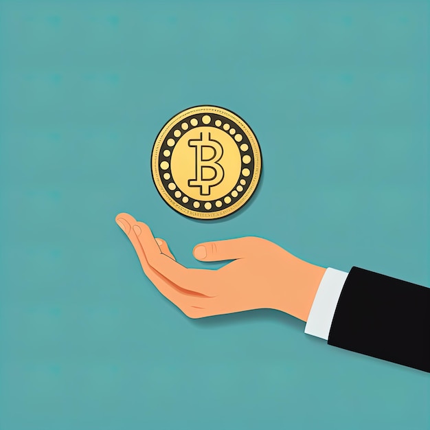 hand met bitcoin op een gele achtergrondbitcoin en munt cryptocurrency concept