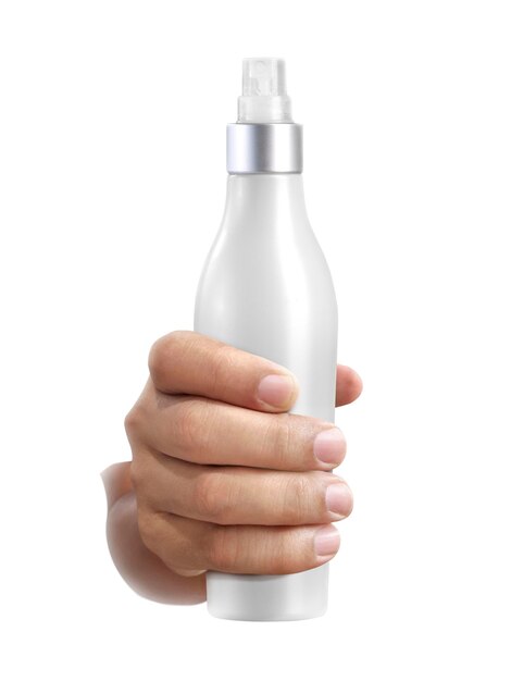 Hand met cosmetica fles geïsoleerd op white