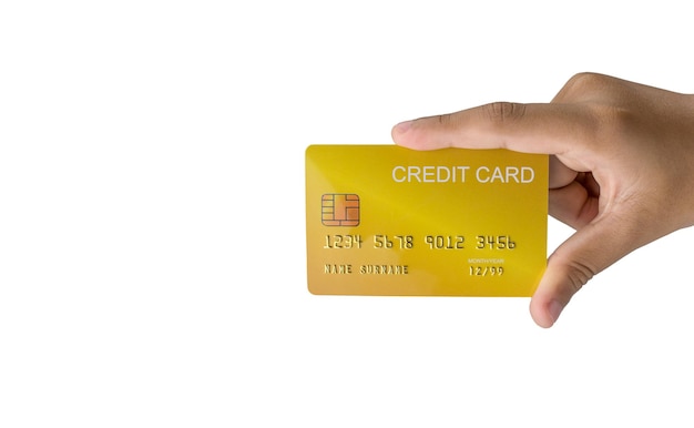 Hand met creditcard geïsoleerd op witte achtergrond Winkelconcept Cashless uitgaven concept