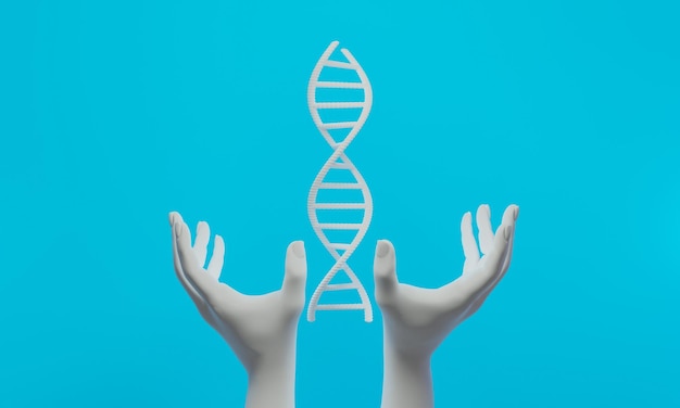 Foto hand met dna menselijke helix moleculen celonderzoek van wetenschap biologische man met bloedstructuur genoom 3d illustratie rendering