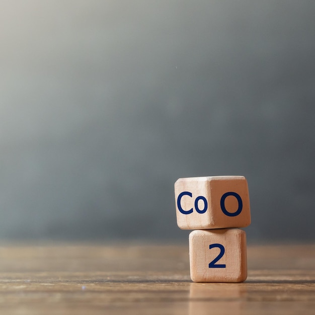 hand met dobbelstenen met tekst ter illustratie van CO2- en O2-woorden