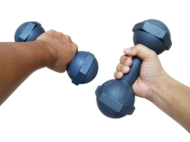 Hand met dumbbell geïsoleerd op wit