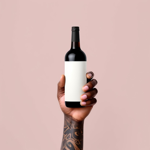 Hand met een blanco wijnetiket mock-up stijl AI gegenereerd