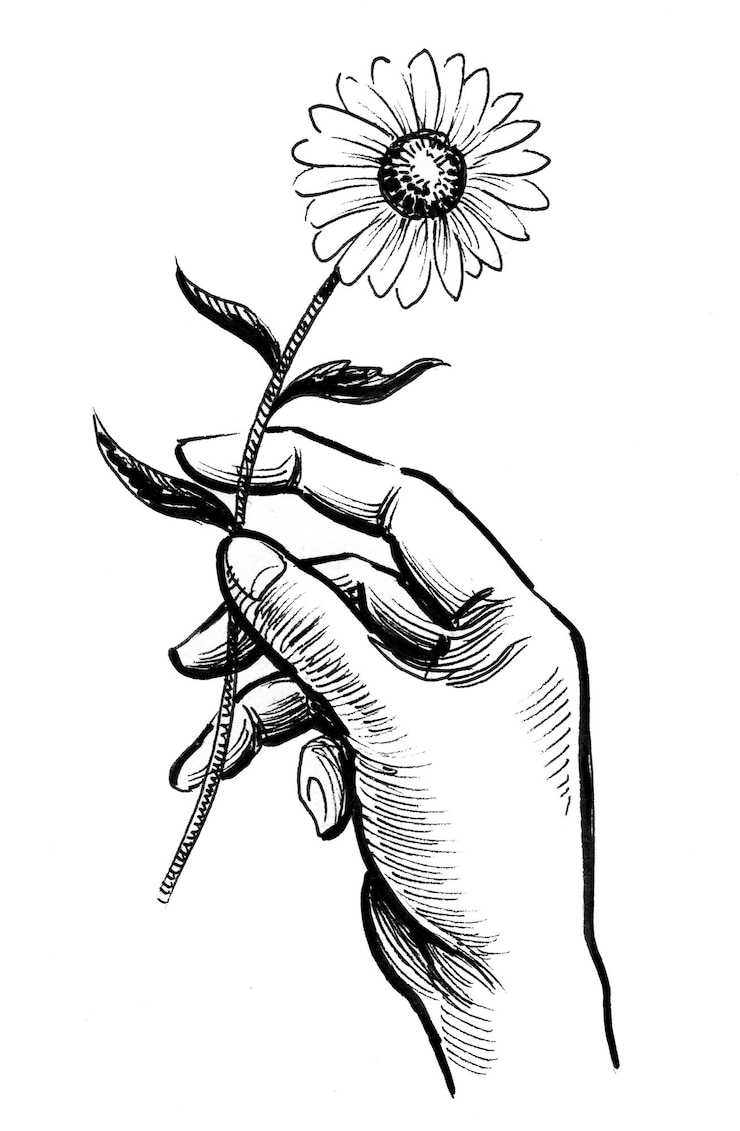 Foto hand met een bloem. inkt zwart-wit tekening