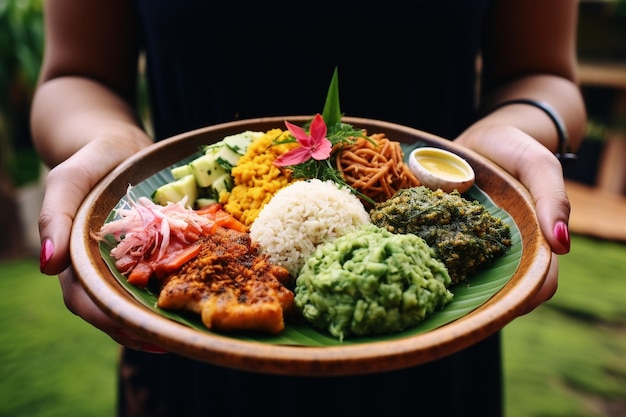 Foto hand met een bord met speciaal indonesisch eten