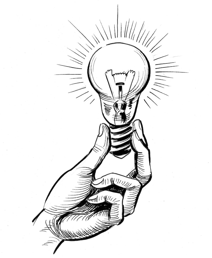 Foto hand met een elektrische lamp. inkt zwart-wit tekening