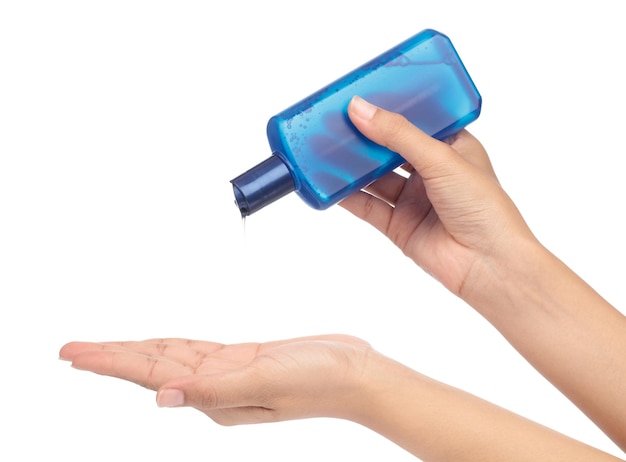 hand met een fles product cosmetica voor huidverzorging geïsoleerd op een witte achtergrond