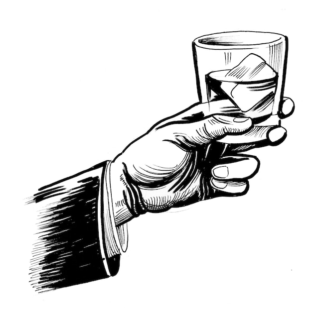 Hand met een glas whisky. Inkt zwart-wit tekening