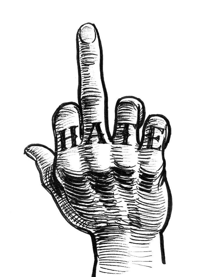 Foto hand met een haattattoo met middelvinger. inkt zwart-wit tekening