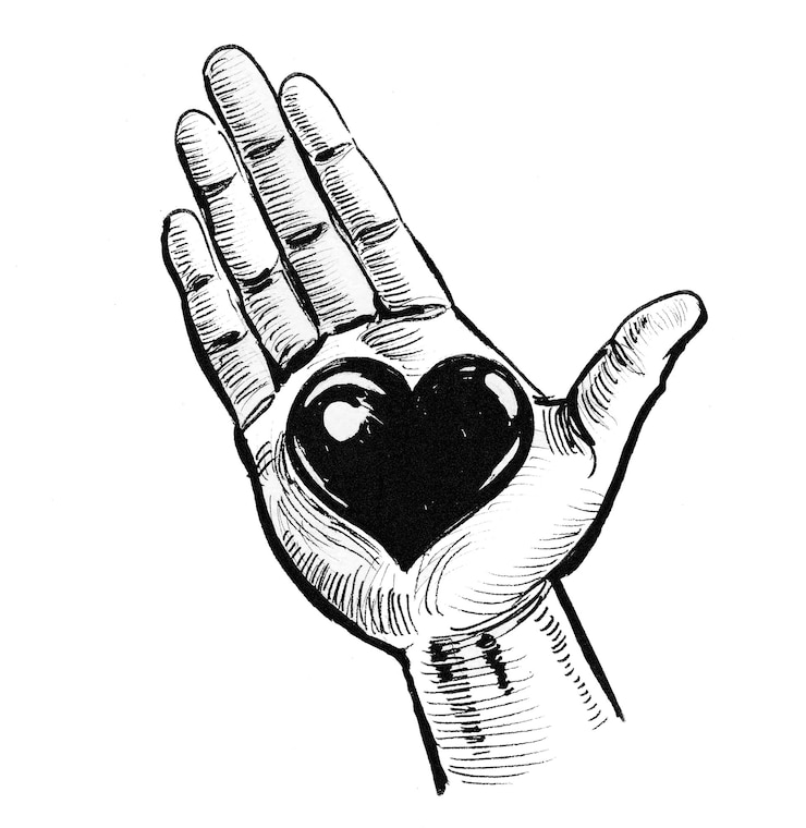 Foto hand met een hart. inkt zwart-wit tekening