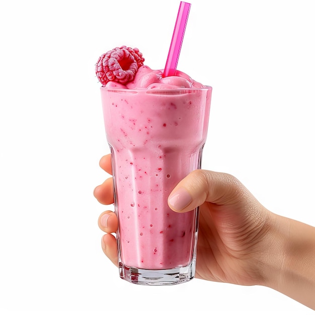Hand met een heerlijke raspberry smoothie in een glas met een roze stro op witte achtergrond