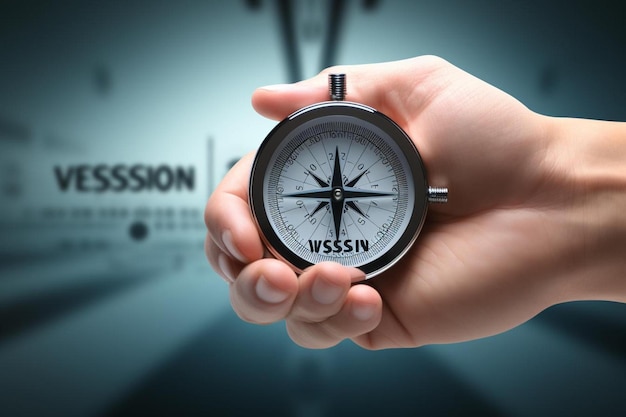 Foto hand met een kompas met naald die op het woord wijst visie bedrijf of organisatie verklaring waarden