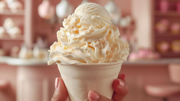 Hand met een kopje vanille soft serve ijs met een romige draaikolk bovenop tegen wazig roze