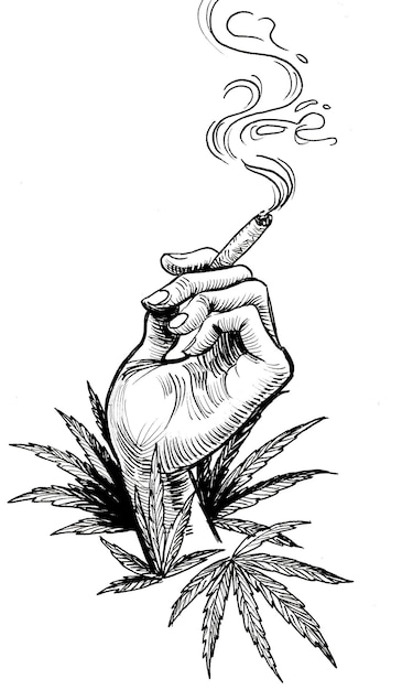 Foto hand met een marihuanagewricht en cannabisblad. inkt zwart-wit tekening