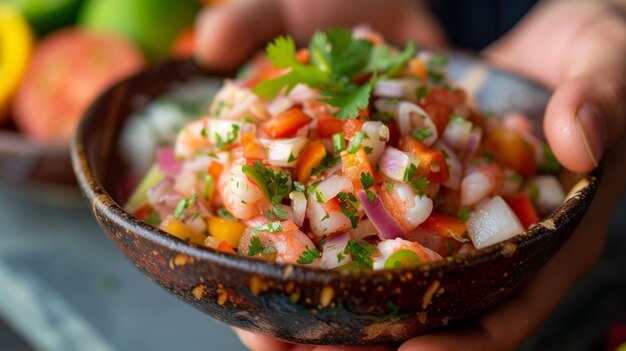 Hand met een Mexicaanse Ceviche