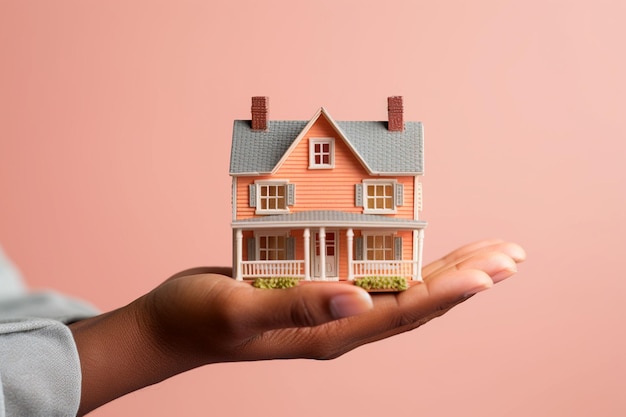 Hand met een miniatuurhuismodel Vastgoedbeleggingen, eigendomsverzekeringen, hypotheekleningen en spaarconcept Kopen of bouwen van een nieuw huis Droomhuis financiële planning AI gegenereerde afbeelding