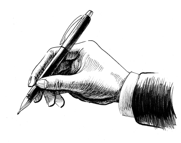 Hand met een pen. Inkt zwart-wit tekening