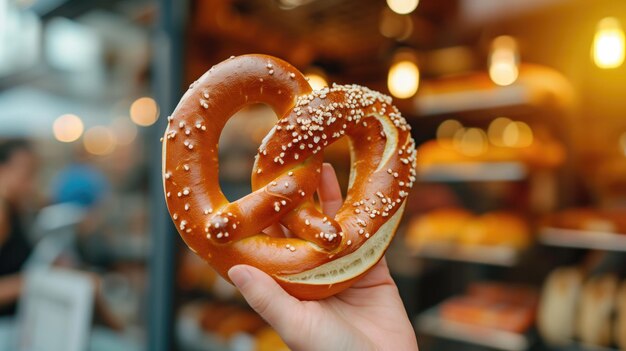 Hand met een pretzel op de achtergrond van een bakkerij