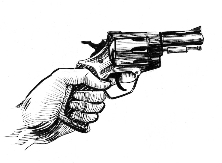 Foto hand met een revolverkanon. inkt zwart-wit tekening