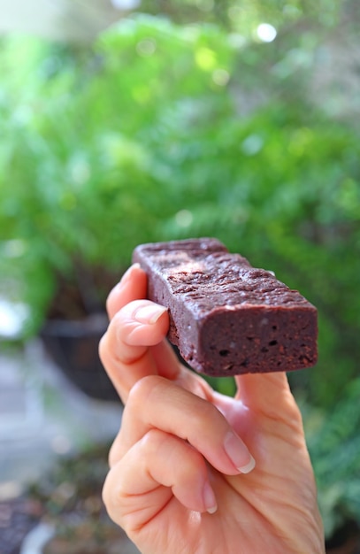 Hand met een smaakvolle chocoladebrownie met wazige tuin op de achtergrond