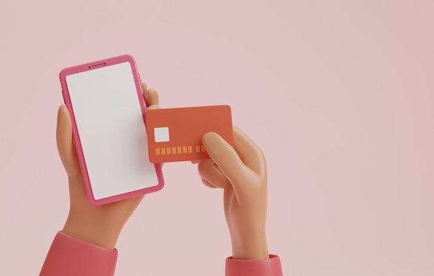 Hand met een smartphone en creditcards op een lichtroze achtergrond