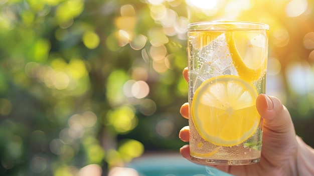 Hand met een sprankelende limonade met verse citroensnijden tegen een zonnige bokeh achtergrond