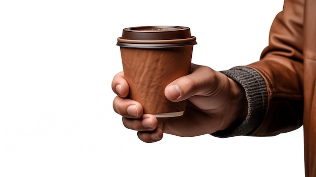 Foto hand met een wegneempapierbeker met deksel mock-up koffiebeker gegenereerde ai