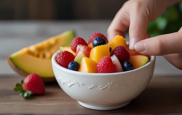 hand met een witte kom met gemengde fruitsalade