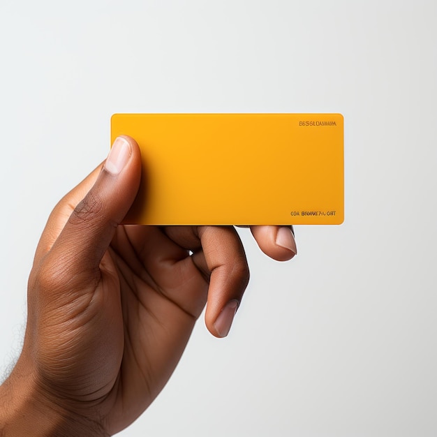 hand met gele bankkaart op witte achtergrond
