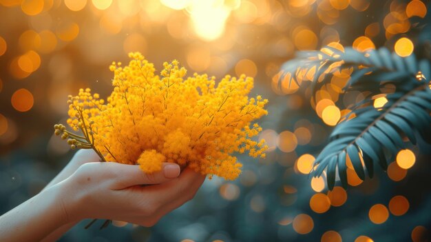 Hand met gele mimosa bloemen met een wazige achtergrond en bokeh lichten