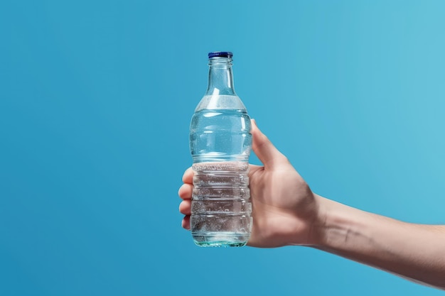 Hand met glazen fles met water op blauwe achtergrond AI
