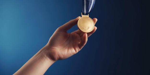 Hand met gouden medaille competitie concept blauwe achtergrond Generatieve AI