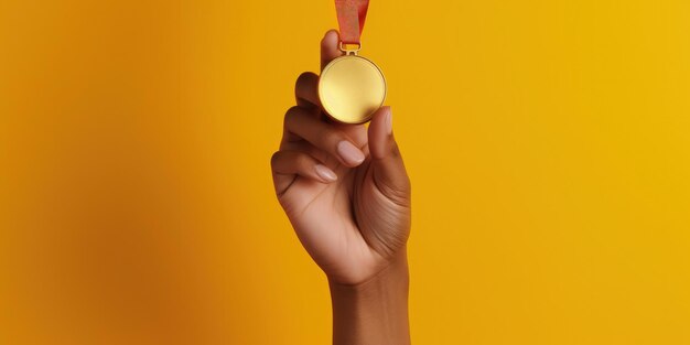 Hand met gouden medaille competitie concept gele achtergrond Generatieve AI