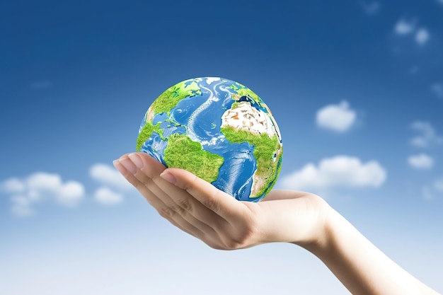 Hand met groene aarde geïsoleerd op blauwe hemel achtergrond moeder aarde dag illustratie