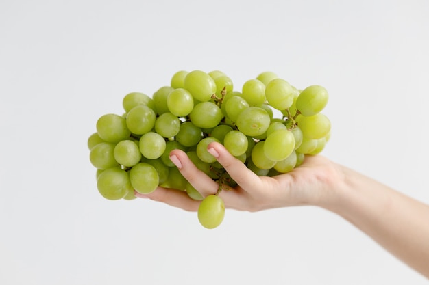 Hand met groene druif. Geïsoleerd op de witte achtergrond. Vrouwelijke hand met een tros druiven, neutrale achtergrond