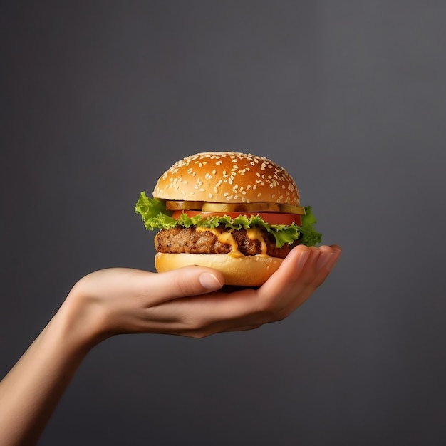 hand met hamburger eten grijze achtergrond