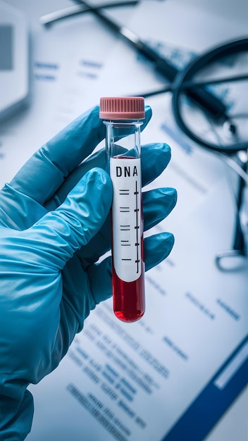 Hand met handschoen houdt een DNA-testbuis met rode vloeistof vast in een medisch lab Vertical Mobile Wallpaper