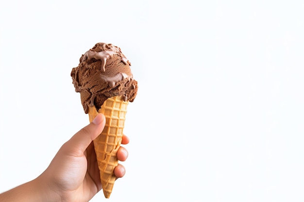 Hand met heerlijk chocolade-ijs in een knapperige wafelkegel met kopieerruimte