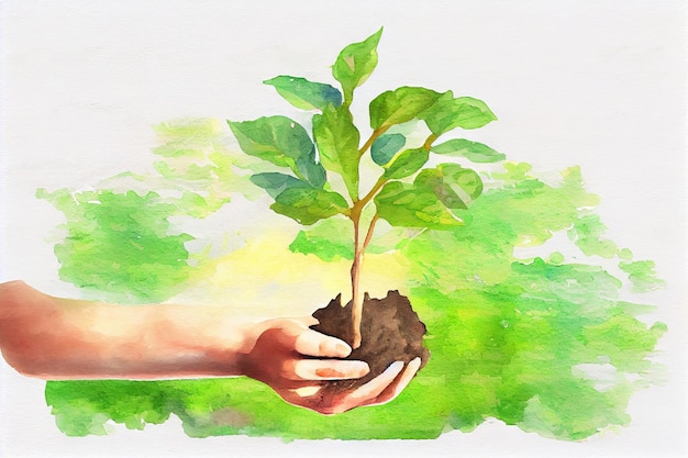 Hand met jonge boom voor het planten van concept eco aarde dag aquarel olieverf Generative Ai