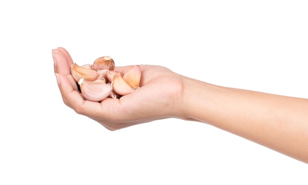 hand met Knoflook geïsoleerd op een witte achtergrond