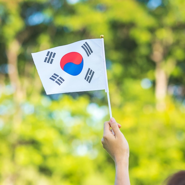 Hand met Korea vlag op natuur achtergrond Nationale Stichting Gaecheonjeol openbare natie vakantie Nationale Bevrijdingsdag van Korea en gelukkige viering concepten