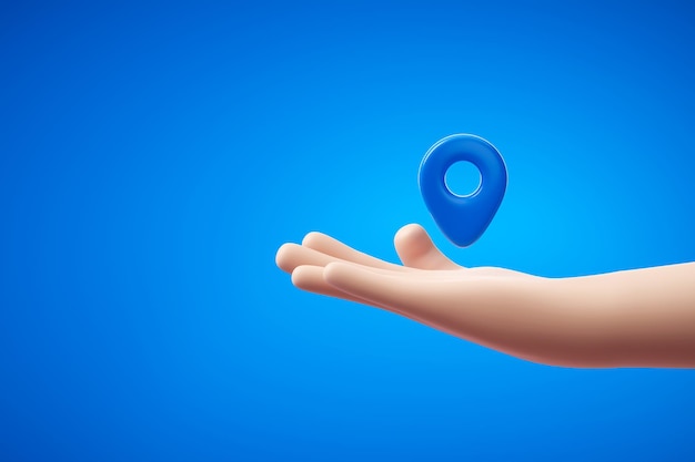 Hand met levering locatie kaart blauwe pin 3d pictogram van navigatie gps richting marker symbool route