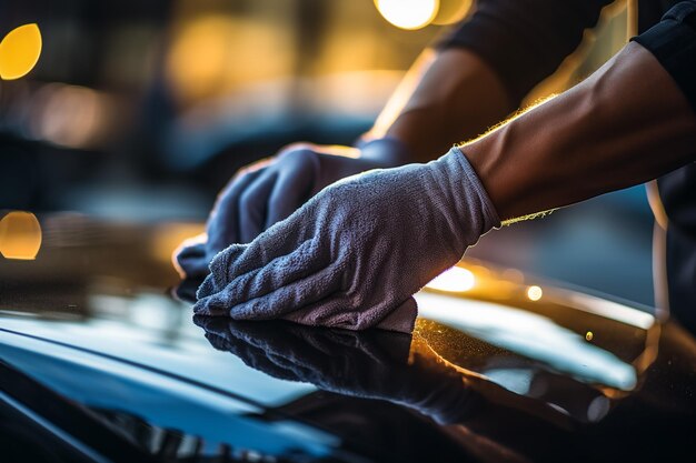 Foto hand met microfiber doek schoonmaak auto