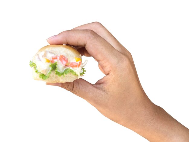 Hand met mini tonijnsalade brood geïsoleerd op een witte achtergrond