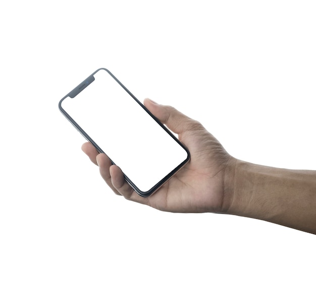 Hand met mobiele slimme telefoon op witte achtergrond technologie Mobiele telefoon scherm mockup ontwerp op isoleren met uitknippad